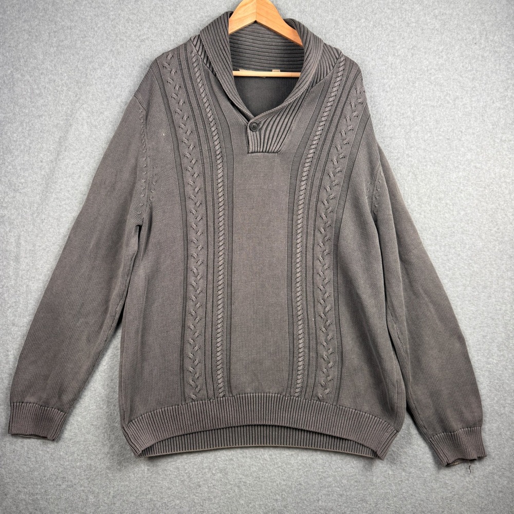 Paradise Collection Sweater Mens L Gray Cable Knit Pullover Shawl Collar Grandpa